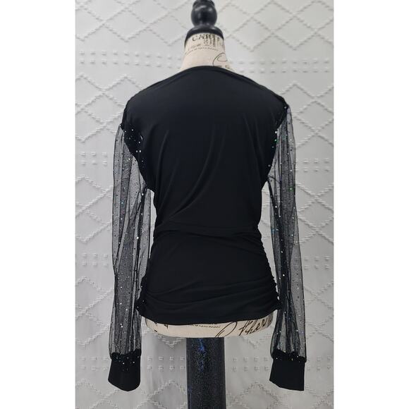 Black Deep V neck sheer rhinestone embellished puffy sleeve top glam size M - Picture 4 of 12